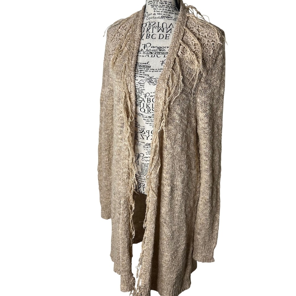 Chico's Cardigan 2 Beige Metallic Open Front Fringe